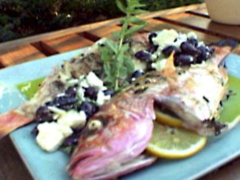 Grilled Whole Red Snapper with Sea Salt and Fresh Oregano Mix and Black Olive and Feta Cheese Relish