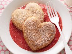 Ellie Krieger's Heart Shaped Pancakes with Strawberry Sauce as seen on Food Network.