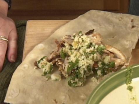 Moroccan Chicken with Apricot Couscous and Green Olive Sauce in Flat Bread