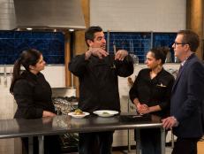 Chopped host Ted Allen and chefs: Alex Guarnaschelli, Aaron Sanchez and Maneet Chauhan taste and discuss their appetizers, as seen on Food Network's Chopped After Hours, Season 25.