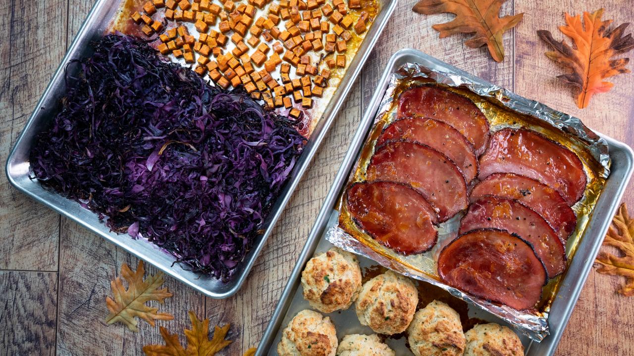 Sheet Pan Holiday Ham and Biscuits