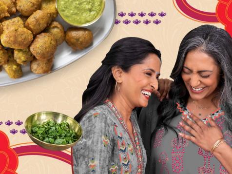 Herbed Desai Vada with Cilantro Chutney and Mango Lassi