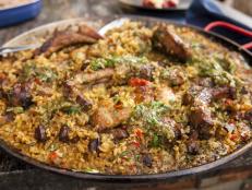 Pork and Chicken Paella Verde, as seen on Food Network's Guy's Big Bite, Season 18.