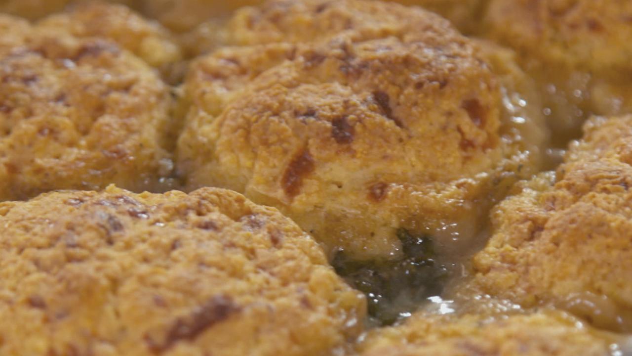 Porky Pot Pie with Cheesy Drop Biscuits
