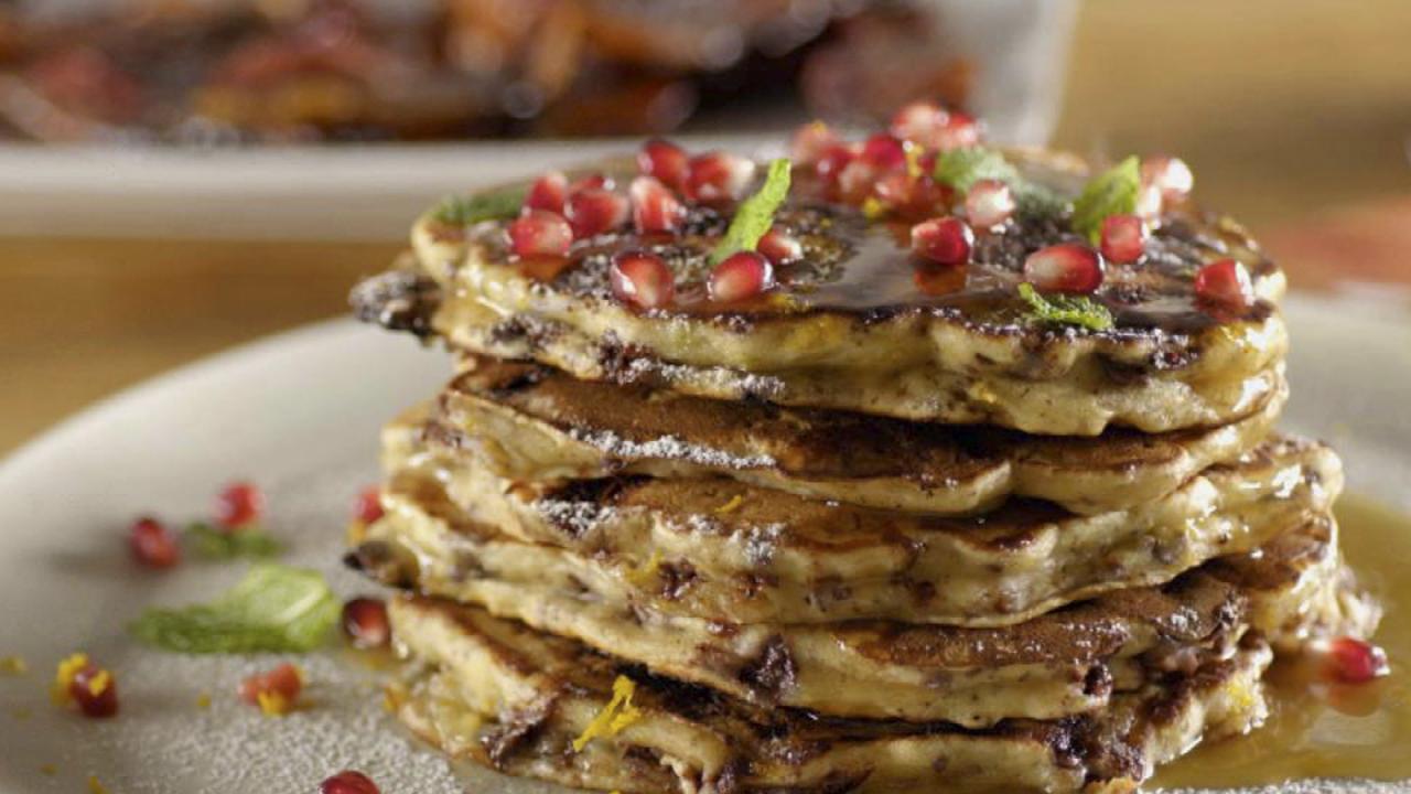 Chocolate Chip-Pistachio Pancakes with Salted Honey Caramel Syrup