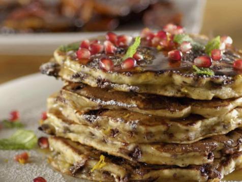 Chocolate Chip-Pistachio Pancakes with Salted Honey Caramel Syrup