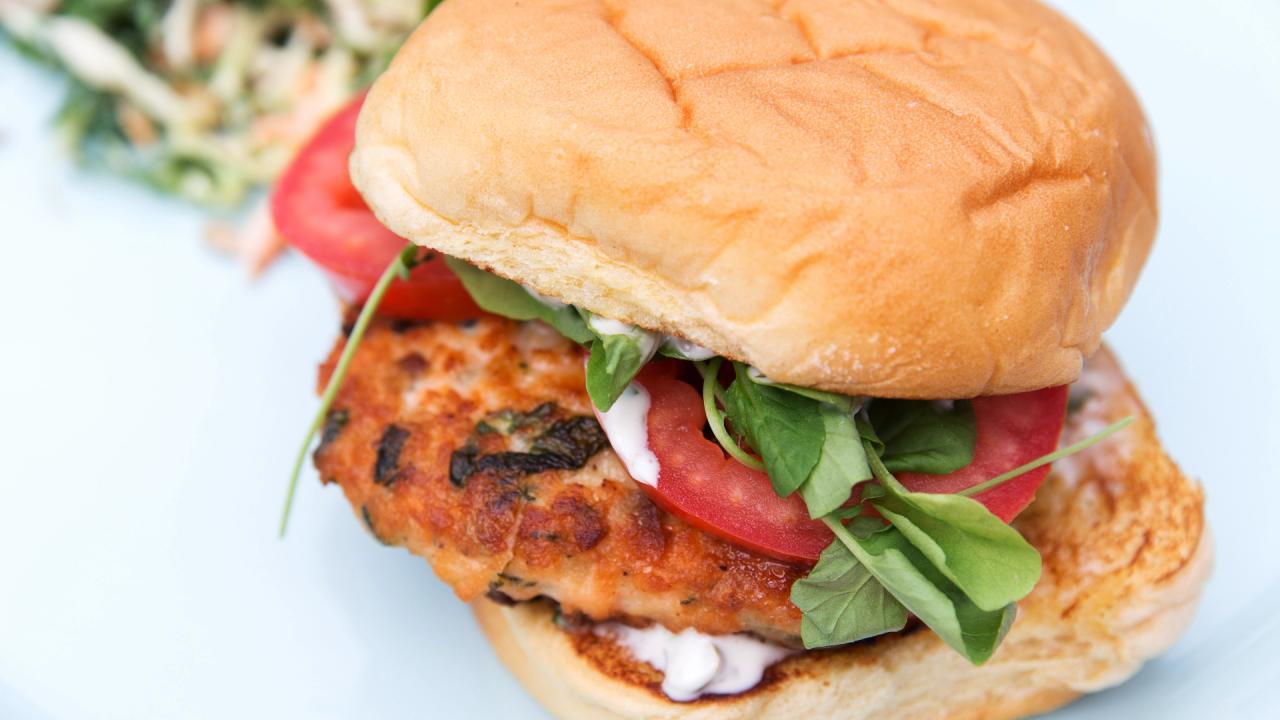 Salmon Burgers with Kale Slaw