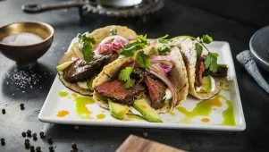 Hanger Steak Tacos with Chile and Herb Oils