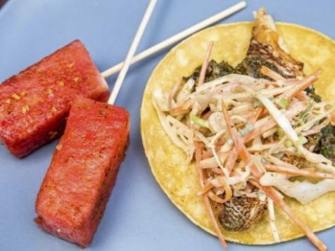 Blackened Fish Tacos with Chili-Spiced Slaw and Charred Scallion Salsa