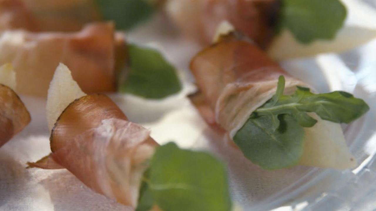 Grappa-Poached Pears with Speck
