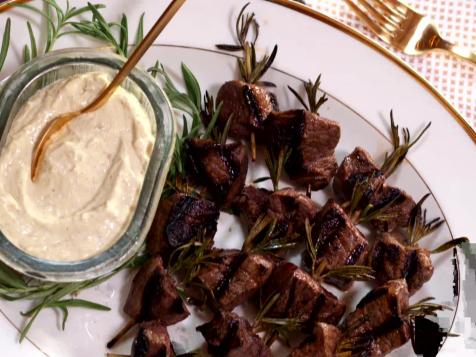 Marinated Beef Tenderloin Skewers with Mustard Horseradish Cream