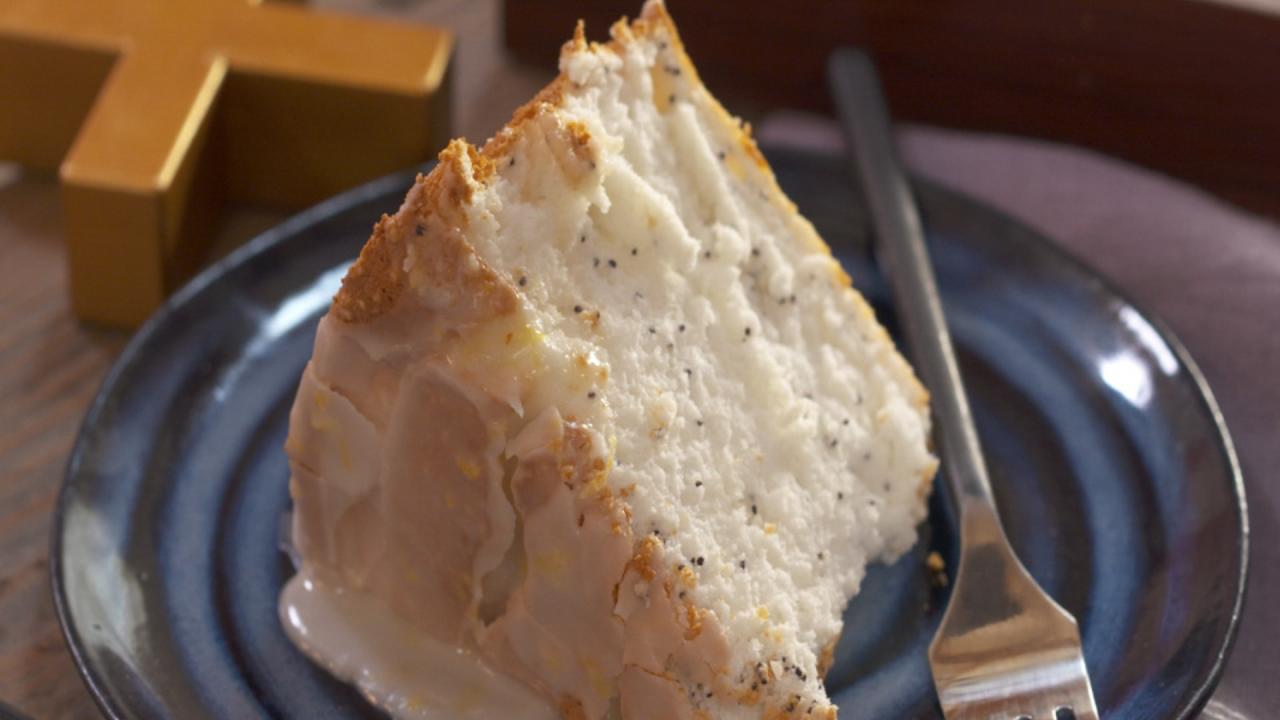 Poppy Seed Angel Food Cake with Lemon Icing
