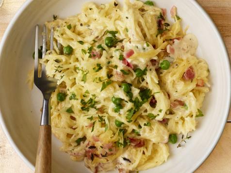 Spaghetti Squash Alfredo with Pancetta and Peas