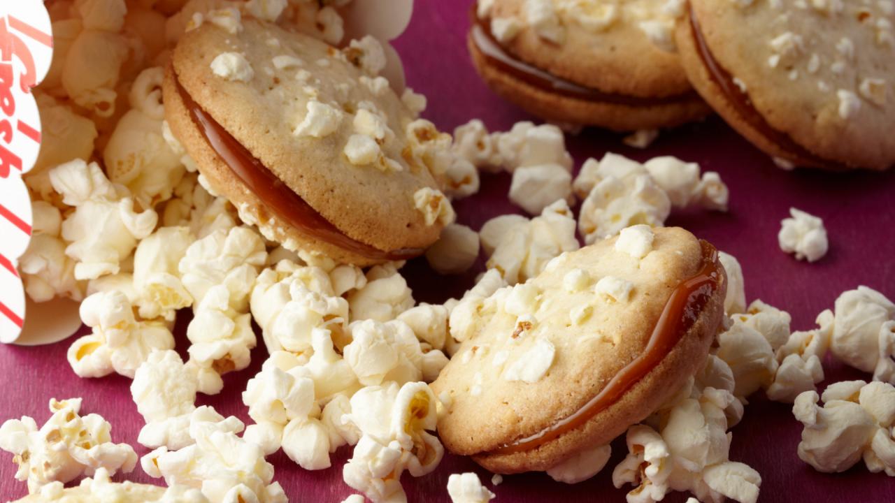 Popcorn Sandwich Cookies with Salted Caramel