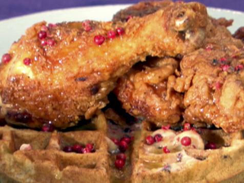 Fried Chicken and Wild Rice Waffles with Pink Peppercorn Butter and Maple-Horseradish Syrup