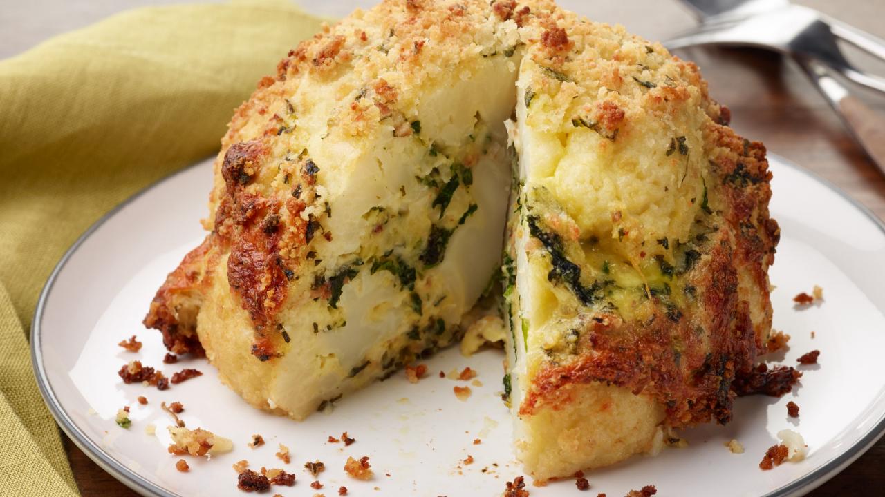 Roasted Cheesy Kale and Bacon Stuffed Cauliflower