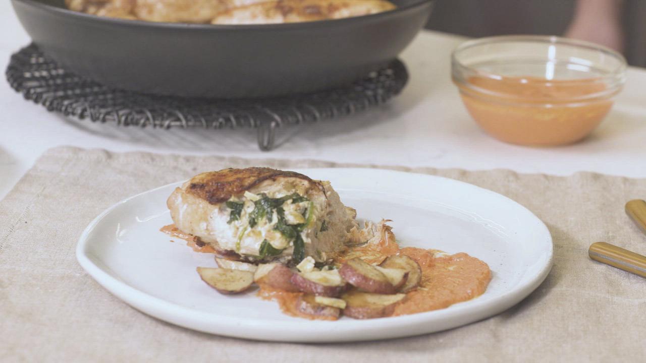 Spinach and Artichoke Stuffed Chicken Breast, Roasted Red Bell Pepper Sauce