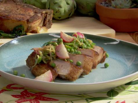 Skillet Roasted Pork Chops with Spring Vegetables and Mustard Sauce