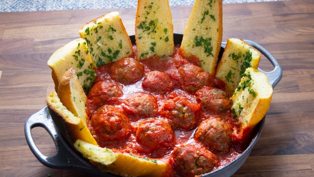 Roasted Meatballs with Garlic Bread