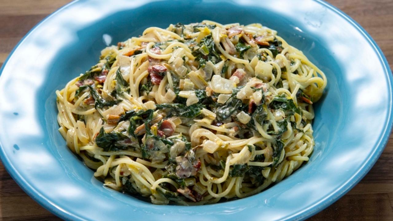 Spaghetti with Bacon and Chard