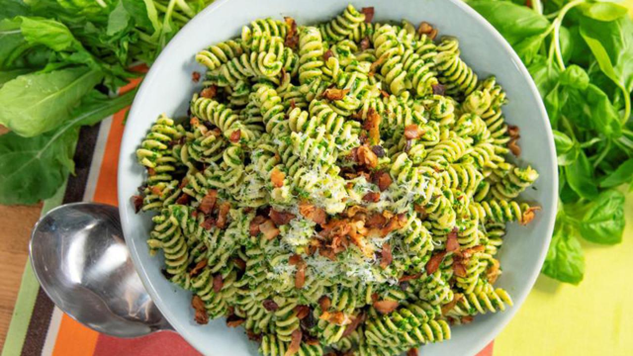 Fusilli with Arugula Pesto and Crispy Pancetta