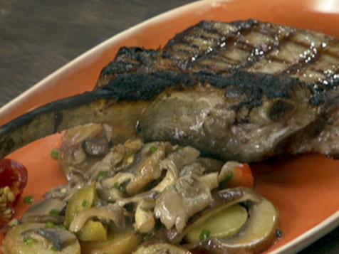 Grilled Veal Chop with Fingerlings, Mushrooms and Cherry Peppers