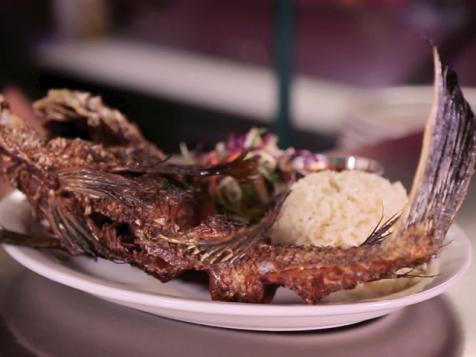 Fried Whole Fish, Chipotle Sauce, Rice, and Mexican Slaw