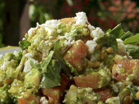 Grilled Avocado and Tomatoes, Basil Oil and Cotija Cheese with Pine Nuts