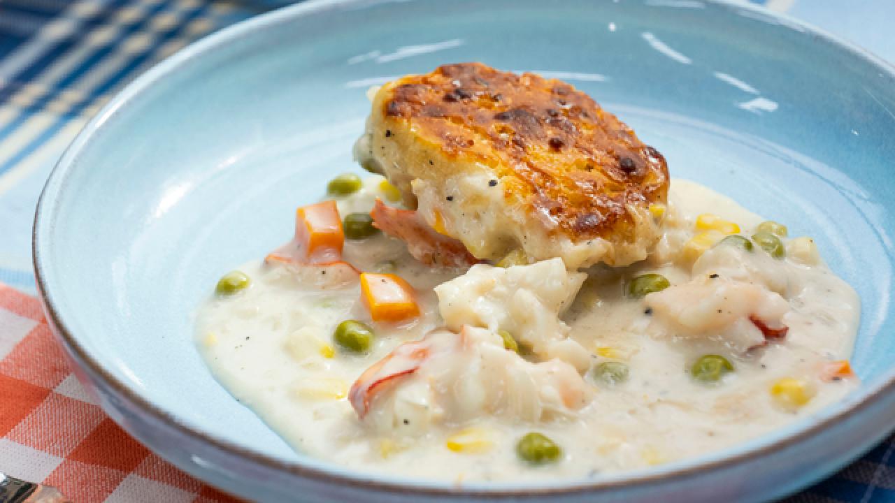 Lobster Pot Pie with Gruyere Tarragon Biscuit Crust