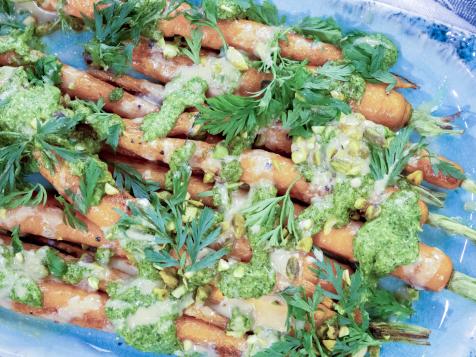 Roasted Carrots with Tahini and Carrot-Top Pesto