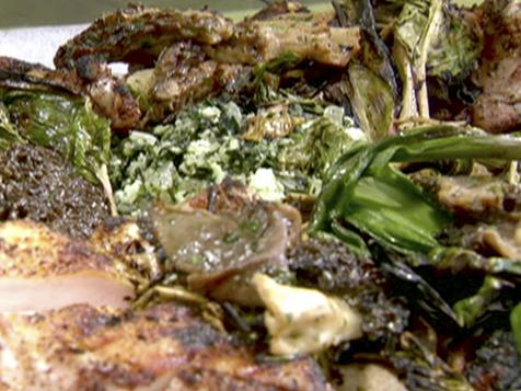Grilled Chicken Breast with Foraged Vegetables, Nettle Pesto, and Grilled Lightning Tree Farm Flatbread
