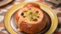 Beer Cheese Soup in a Bread Bowl with Kielbasa "Croutons"
