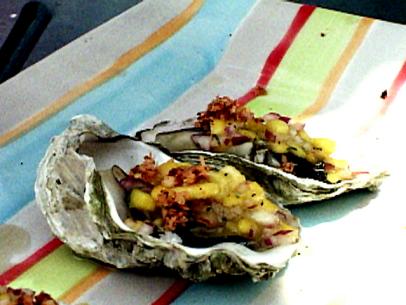 Grilled Oysters with Mango Pico de Gallo and Red Chili Horseradish