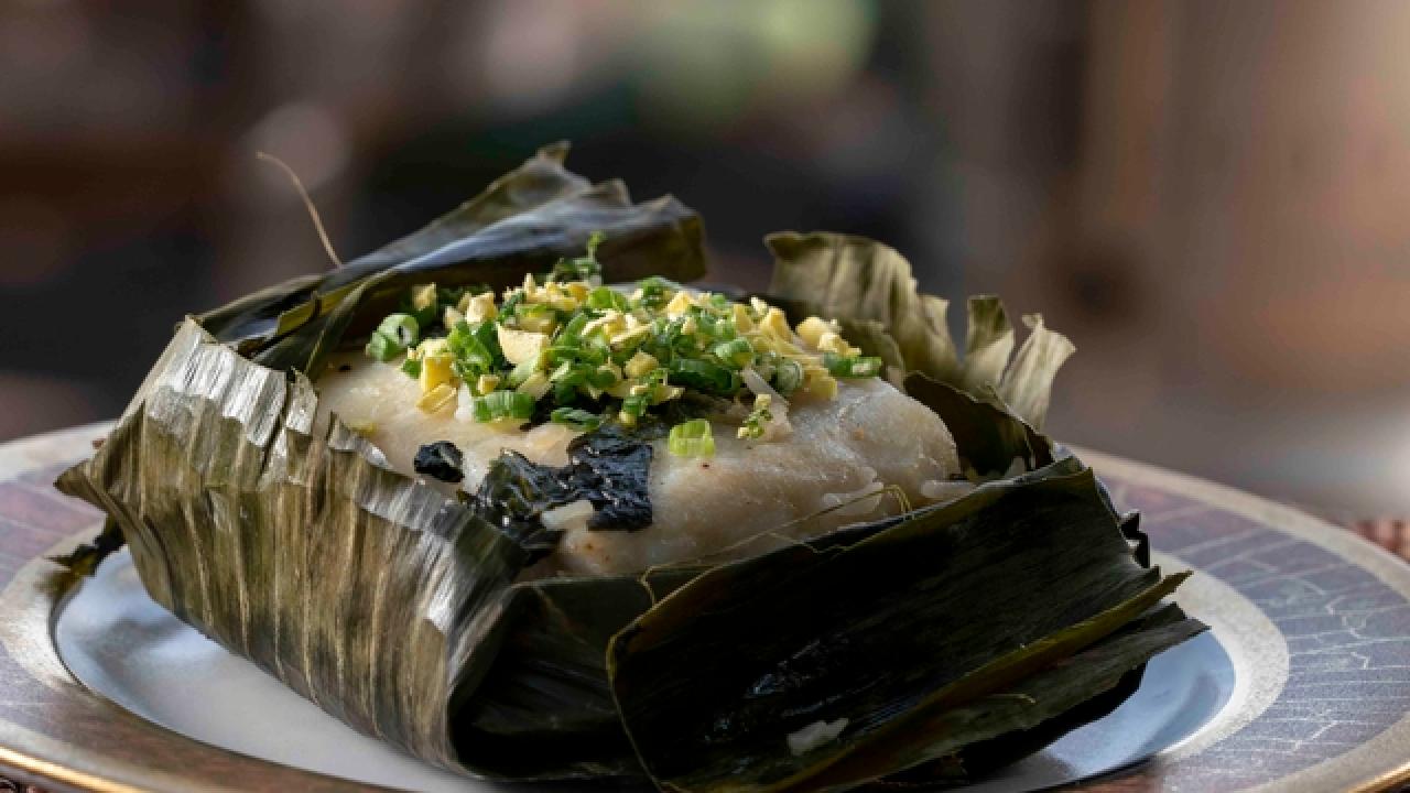 Banana Leaf Wrapped Bass with Scallion-Ginger Fried Rice