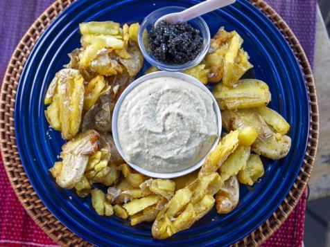 Smashed Fingerling Potatoes with Onion Dip and Caviar
