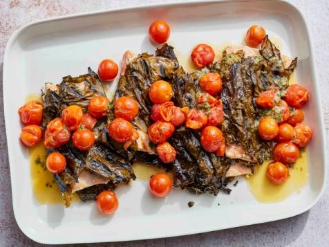Grilled Frozen Salmon in Grape Leaves