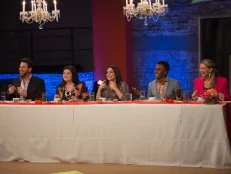 Guest judges from "Chopped" (left to right) Scott Conant, Alex Guarnaschelli, host Rachael Ray, Marcus Samuelsson, and Amanda Freitag during tasting of the "Put It All Together" Finale Cook-Off challenge as seen on Food Networkâ  s Rachael Rayâ  s Kids CookÂ­â  Off, Season 1.