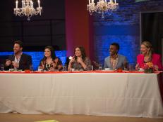 Guest judges from "Chopped" (left to right) Scott Conant, Alex Guarnaschelli, host Rachael Ray, Marcus Samuelsson, and Amanda Freitag during tasting of the "Put It All Together" Finale Cook-Off challenge as seen on Food Networkâ  s Rachael Rayâ  s Kids CookÂ­â  Off, Season 1.